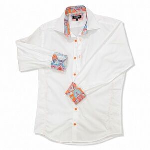 Debonair Collection White Paisley Contrast Cuff Dress Shirt Men’s L Button Down
